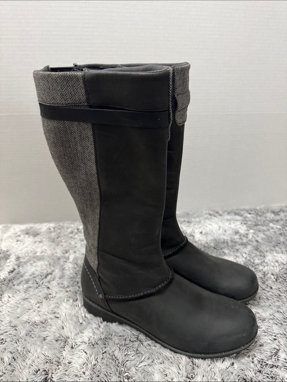Eddie Bauer Women’s Trace Boot Black Waterproof Leather Gray Herringbone Back 9